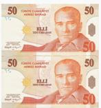 Turkije, 50 Lira, 2005, XF, 2 opeenvolgende nrs, Postzegels en Munten, Bankbiljetten | Azië, Setje, Midden-Oosten, Ophalen of Verzenden