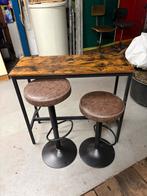 Hoge tafel met 2 barkrukken., Gebruikt, In hoogte verstelbaar, Ophalen of Verzenden, 90 cm of meer