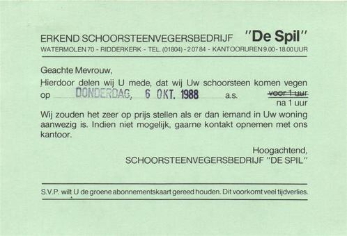 Schoorsteenvegersbedrijf De Spil, Ridderkerk - 09.1988 - ber, Postzegels en Munten, Brieven en Enveloppen | Nederland, Briefkaart