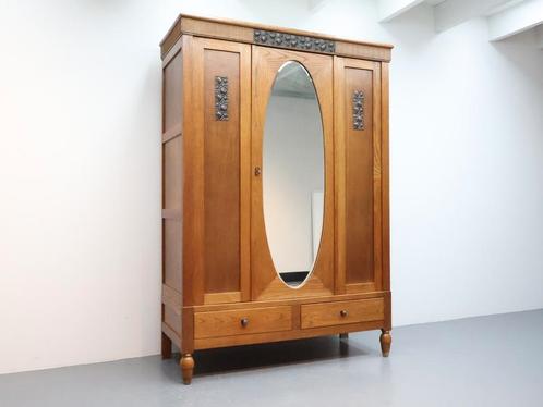 Vintage garderobekast | Geslepen spiegel | Eiken, Huis en Inrichting, Kasten | Kledingkasten, Gebruikt, 150 tot 200 cm, 100 tot 150 cm