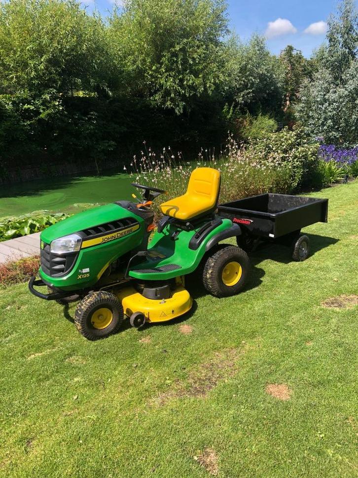 John Deere X125 met aanhanger, Tuin en Terras, Zitmaaiers, Gebruikt, 90 tot 120 cm, Elektrische starter, Mulchfunctie, Opvangbak