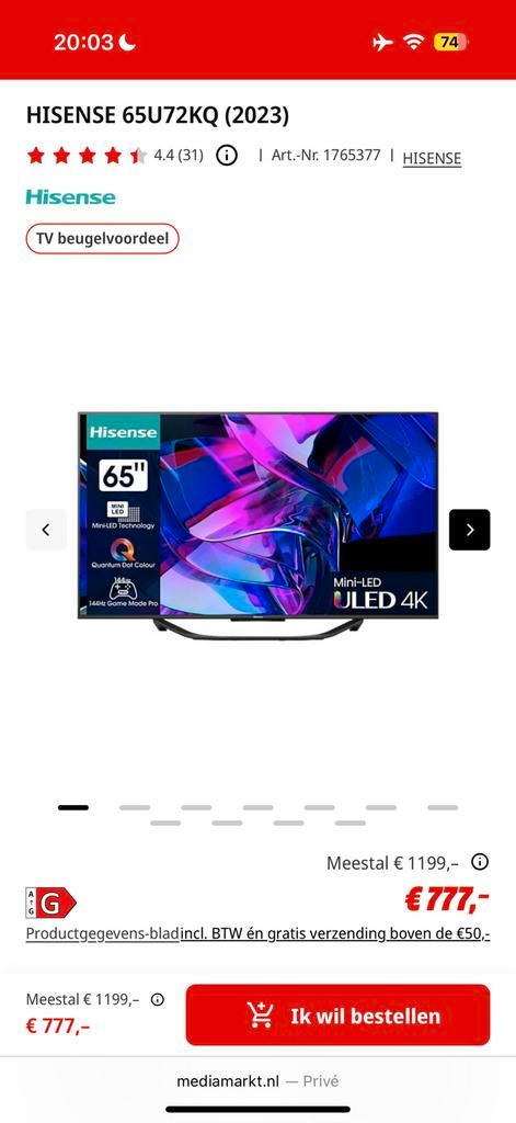 Hisense 65u72kq tv SCHERM KAPOT, Audio, Tv en Foto, Televisies, QLED, 100 cm of meer, Overige merken, Smart TV, Ophalen of Verzenden