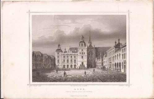 Goes. Groote Markt Kerk en Stadhuis Staalgravure Terwen 1858, Antiek en Kunst, Kunst | Etsen en Gravures, Ophalen of Verzenden