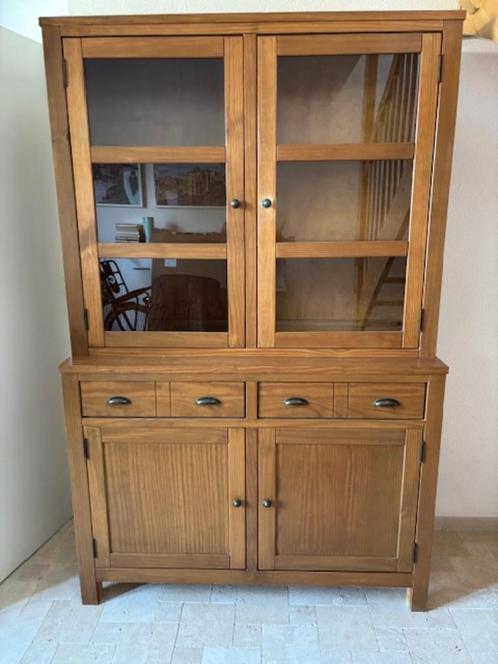 Mooie houten vitrinekast + salontafel – stevige kwaliteit!, Huis en Inrichting, Kasten | Vitrinekasten, Gebruikt, 200 cm of meer