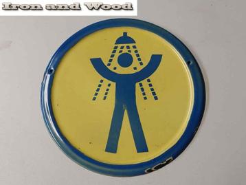 Geel oud emaille bord-wandbord met afbeelding douche  25cm beschikbaar voor biedingen
