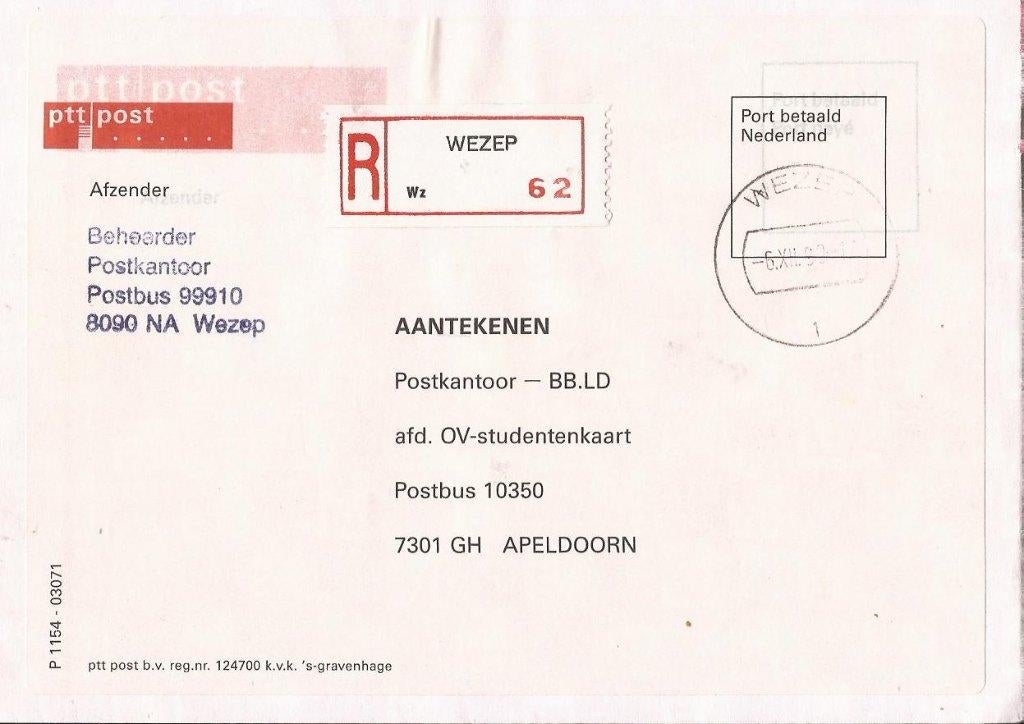 WEZEP 1990 Dienstenvelop ptt post Beheerder Postkantoor, Verzenden, Voor 1920, Gelopen, Overijssel