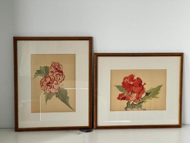 2 ingelijste lithografieën van bloemen - Arlette Davids, Antiek en Kunst, Kunst | Schilderijen | Klassiek, Ophalen of Verzenden