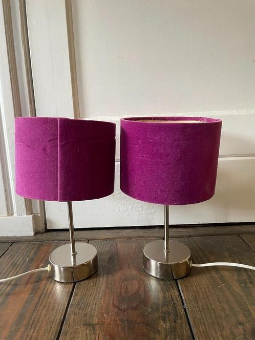 Set van 2 lampjes – paarse velours kappen, Huis en Inrichting, Lampen | Overige, Gebruikt, Ophalen