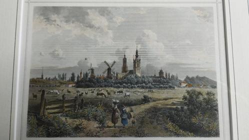 handgekleurde staalgravure stad Delft, vanaf dorp Den Hoorn?, Antiek en Kunst, Kunst | Etsen en Gravures, Ophalen of Verzenden