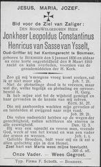 Ysselt Leopoldus 1836 Boxmeer 1910  Jonkheer, Ophalen of Verzenden, Bidprentje