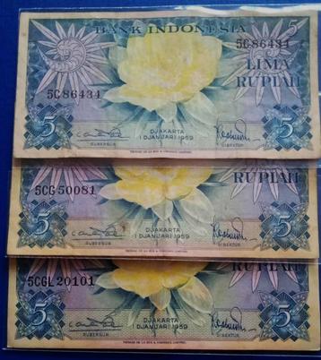 Indonesie 1959 Drie biljetten van Rp.5,- type A, B. en C. beschikbaar voor biedingen