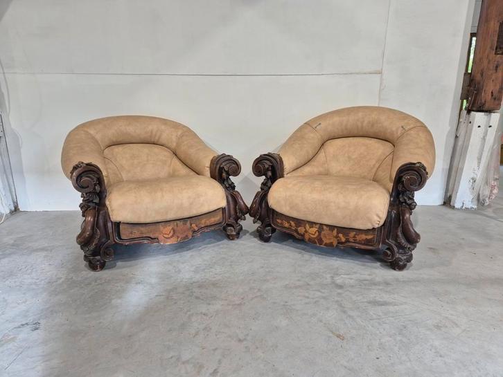 2 italiaanse barok fauteuils met inlegwerk, Huis en Inrichting, Fauteuils, Gebruikt, Leer, 50 tot 75 cm, 75 tot 100 cm, Ophalen