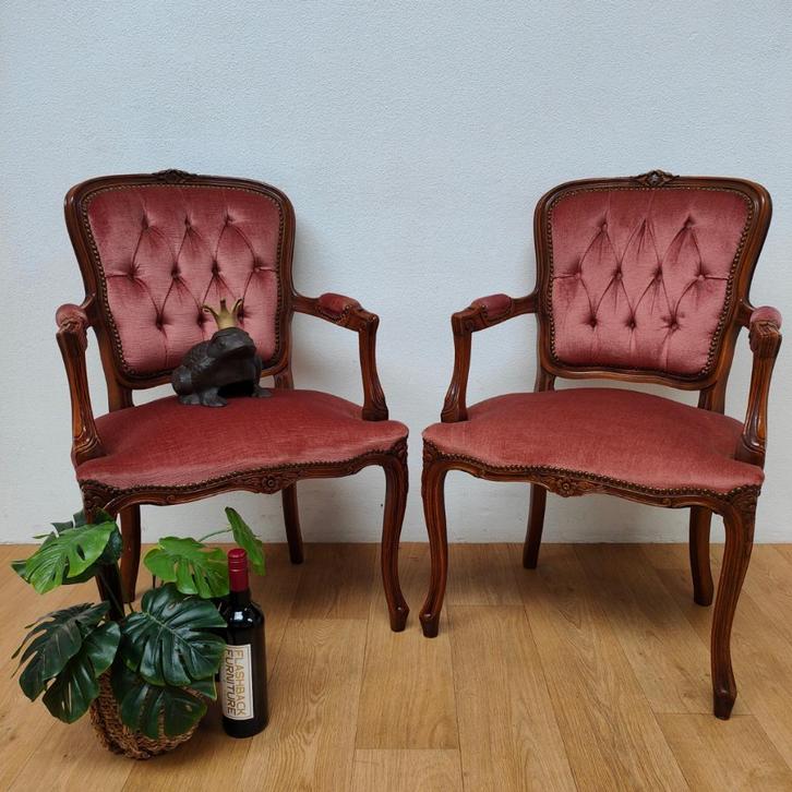 Brocante vintage Franse Louis XV stoelen fauteuils SETPRIJS, Huis en Inrichting, Fauteuils, Gebruikt, Hout, Stof, Ophalen of Verzenden
