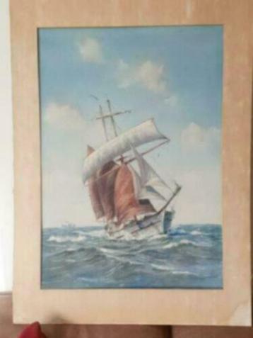 Prachtige aquarel van zeilschip en stoomboot gesigneerd. beschikbaar voor biedingen