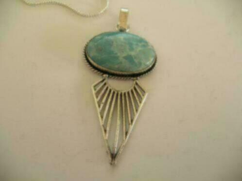 Een Zilveren ketting + Zilveren Hanger met Larimar edelsteen, Sieraden, Tassen en Uiterlijk, Antieke sieraden, Hanger, Zilver