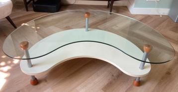 Unieke Vintage Niervormige Salontafel – Glas, Hout & Metaal beschikbaar voor biedingen