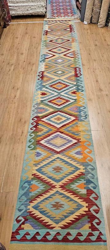 Handgeweven oosterse wollen kelim loper 484x76 beschikbaar voor biedingen