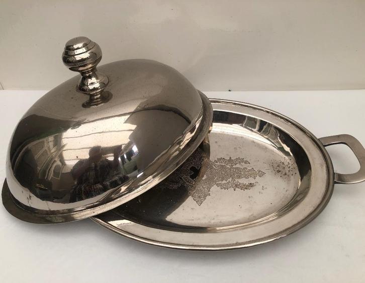 Antieke 2 dlg verzilverde serveerschaal en Cloche, Antiek en Kunst, Antiek | Schalen, Ophalen of Verzenden