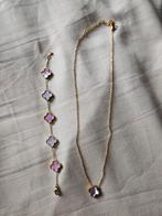 Klaver ketting en armband goud roze parelmoer, Overige materialen, Verstelbaar, Nieuw, Ophalen of Verzenden