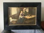 Huis-tafereel . Moeder voedt baby aan tafel in de huiskamer., Antiek en Kunst, Kunst | Schilderijen | Klassiek, Ophalen