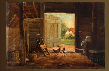 Schilderij met kippen in een schuur van Jurrien Marius Beek beschikbaar voor biedingen