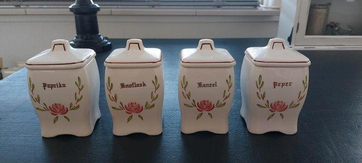 4 Oude Kruidenpotjes met Roos Decor, Huis en Inrichting, Keuken | Keukenbenodigdheden, Ophalen of Verzenden