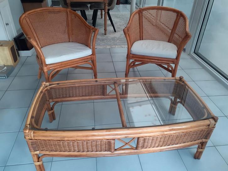 Rotan/ webbing  Zitgroep met Tafel, Antiek en Kunst, Antiek | Meubels | Tafels, Ophalen