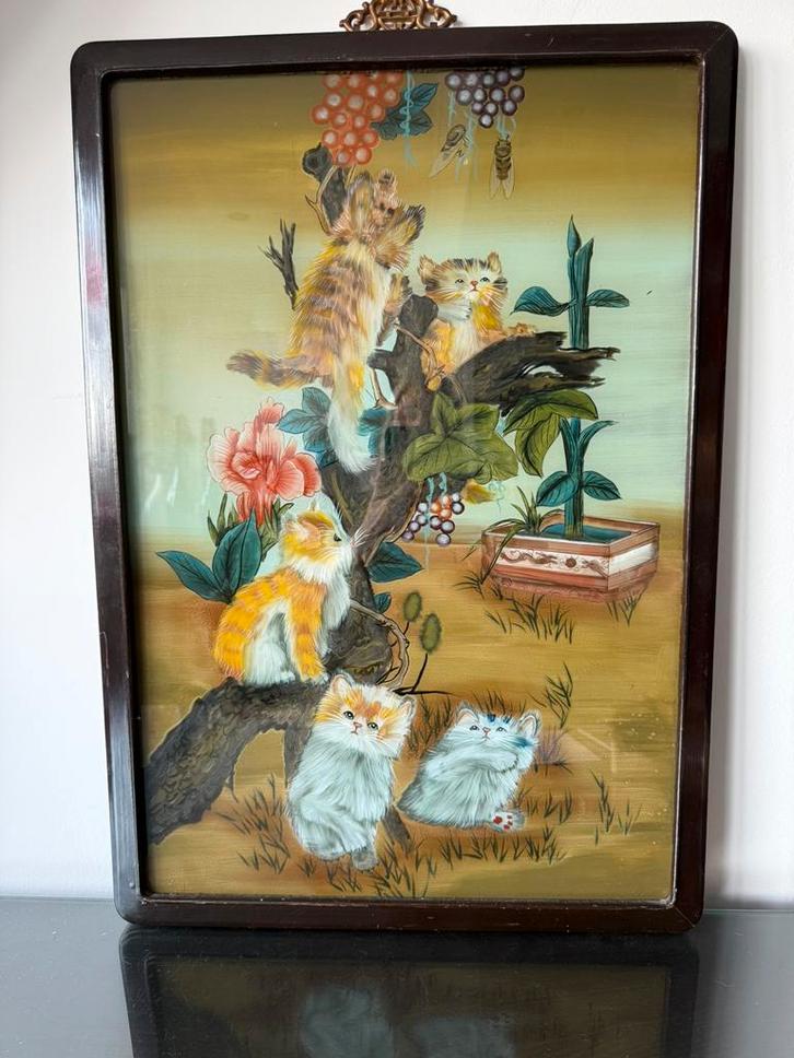 Chinees schilderij op achterkant glas poesjes kittens, Antiek en Kunst, Kunst | Niet-Westerse kunst, Ophalen of Verzenden