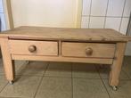 Blank grenen salontafel met lades en wieltjes, Gebruikt, 100 tot 150 cm, Landelijk sober, Minder dan 50 cm