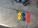 Halter stang met schijven gewichten, Sport en Fitness, Gebruikt, Stang, Ophalen of Verzenden, Met schijven