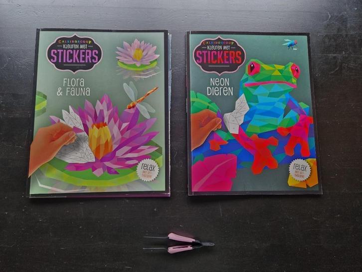 2 boeken - Kleuren met stickers, Hobby en Vrije tijd, Stickers en Plaatjes, Gebruikt, Stickers en Plaatjes, Ophalen of Verzenden