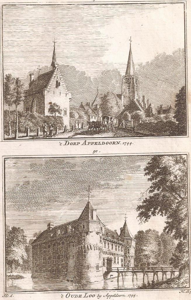 't Dorp Apeldoorn, 1744 - 't Oude Loo bij Appeldoorn, 1744, Antiek en Kunst, Kunst | Etsen en Gravures, Ophalen of Verzenden