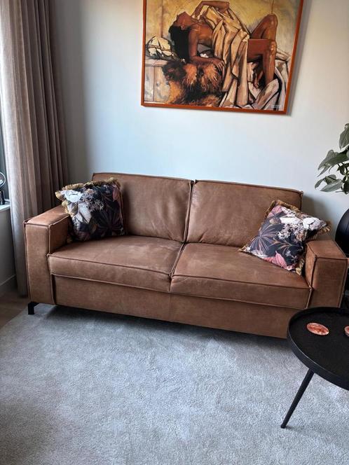 cognac bruine leren bank 2 1/2 zit, Huis en Inrichting, Banken | Bankstellen, Zo goed als nieuw, Rechte bank, Driepersoons, 150 tot 200 cm