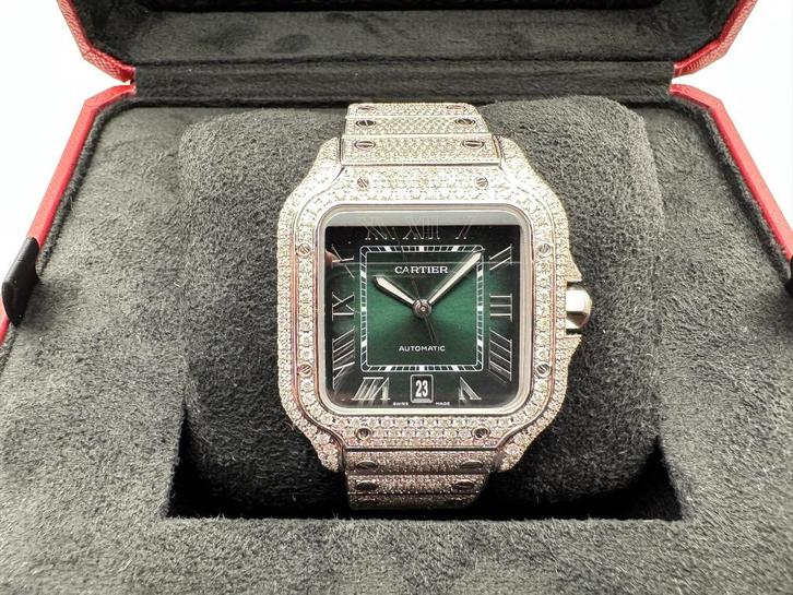 Cartier Santos Large “ICED OUT” | Green | NEW | Full Set, Sieraden, Tassen en Uiterlijk, Horloges | Heren, Nieuw, Polshorloge