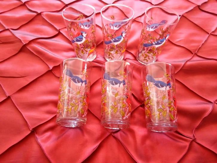 Set van 6 Vintage Glazen met Vogel Design Luminarc, Huis en Inrichting, Keuken | Servies, Gebruikt, Glas of Glazen, Overige stijlen