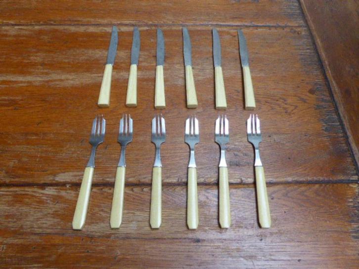 12-delig art deco bestek voor gebak, bakelieten handgreep, Antiek en Kunst, Antiek | Bestek, Ophalen of Verzenden