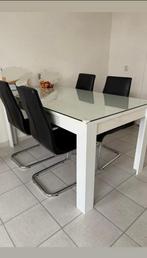 Eettafel (hoogglans wit met beschermglas), Huis en Inrichting, Tafels | Eettafels, 200 cm of meer, Zo goed als nieuw, Rechthoekig