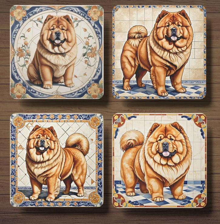 Chow Chow Italiaans tegeltje onderzetters met houder, Huis en Inrichting, Woonaccessoires | Onderzetters, Nieuw, Glas of Kopje