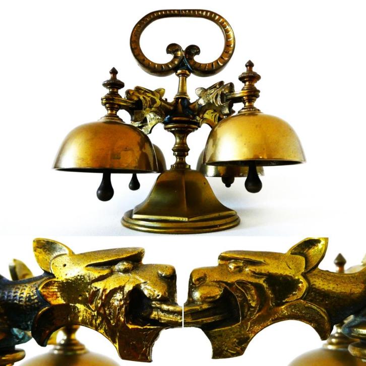 Altaarschel altaarbel bel carillon met 4 bellen griffioenen, Antiek en Kunst, Antiek | Religie, Ophalen of Verzenden