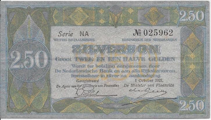2,5 gulden 1927 'Zilverbon', zeldzame pick 20, Zeer Fraai, Postzegels en Munten, Bankbiljetten | Nederland, Los biljet, 2½ gulden