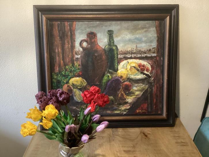 Stilleven met Kruik en Flessen - Olieverf, Antiek en Kunst, Kunst | Schilderijen | Klassiek, Ophalen of Verzenden