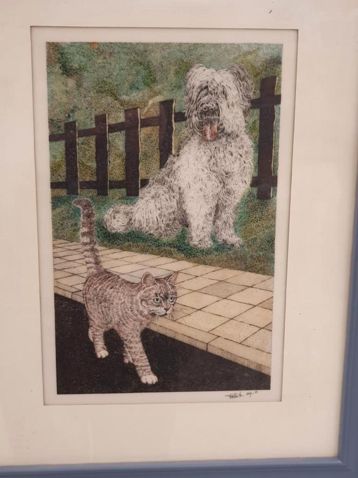 Kunstwerk: Hond en Kat kunstschilder tatek, Antiek en Kunst, Kunst | Etsen en Gravures, Ophalen of Verzenden