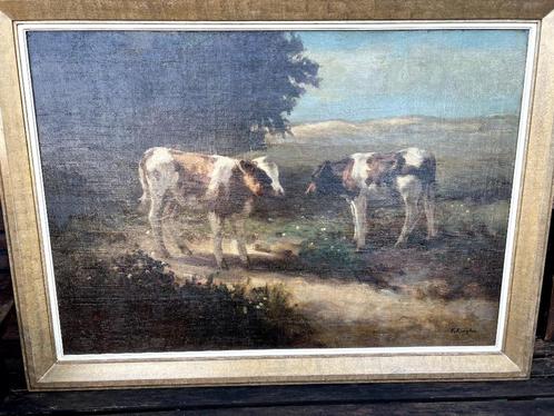 Fedor van Kregten, kalfjes bij zandverstuiving, Antiek en Kunst, Kunst | Schilderijen | Klassiek, Ophalen of Verzenden
