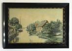 Leuk schilderij Boerderij aan het water, aquarel uit de ´50, Ophalen of Verzenden
