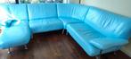 Blauw lederen 6 pers design hoekbank met chaisse lonque, Ophalen, Gebruikt, Leer, Modern design