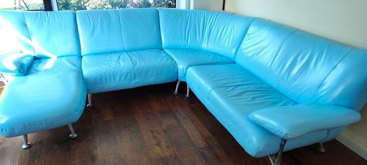 Blauw lederen 6 pers design hoekbank met chaisse lonque, Huis en Inrichting, Banken | Complete zithoeken, Gebruikt, Leer, Ophalen