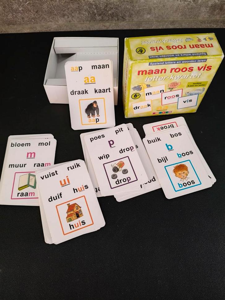 Letterkwartet Maan Roos Vis - Leerzaam Spel!, Kinderen en Baby's, Speelgoed | Educatief en Creatief, Gebruikt, Taal en Lezen, Ophalen of Verzenden