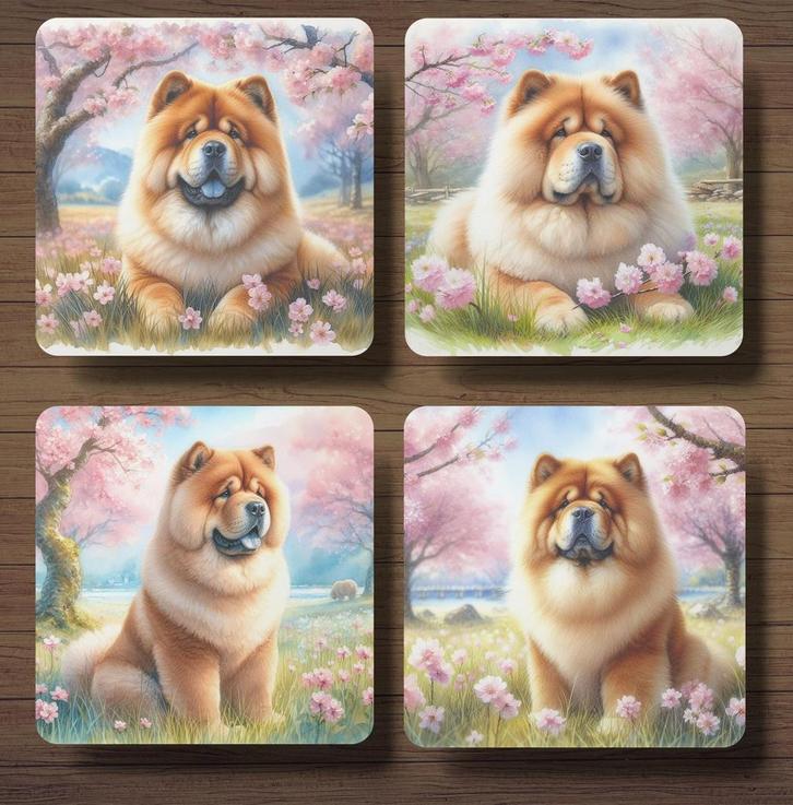 Chow Chow Aquarel onderzetters met houder, Huis en Inrichting, Woonaccessoires | Onderzetters, Nieuw, Glas of Kopje, Ophalen of Verzenden
