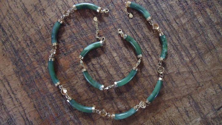 goud op 925 zilver jade ketting en armband, Sieraden, Tassen en Uiterlijk, Kettingen, Zo goed als nieuw, Zilver, Goud, Verstelbaar