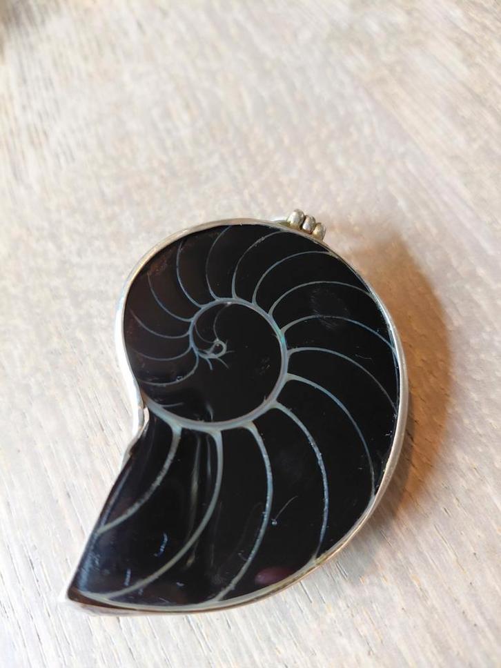 Zilveren hanger met nautilus schelp, Sieraden, Tassen en Uiterlijk, Kettinghangers, Zo goed als nieuw, Zilver, Zwart, Overige voorstellingen